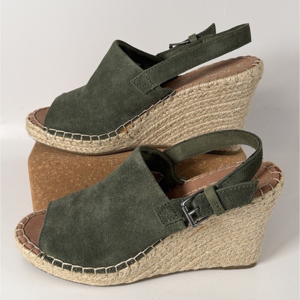TOMS Wedge Sandals Womens Size 8 Green Suede Espadrille Slingback Peep Toe